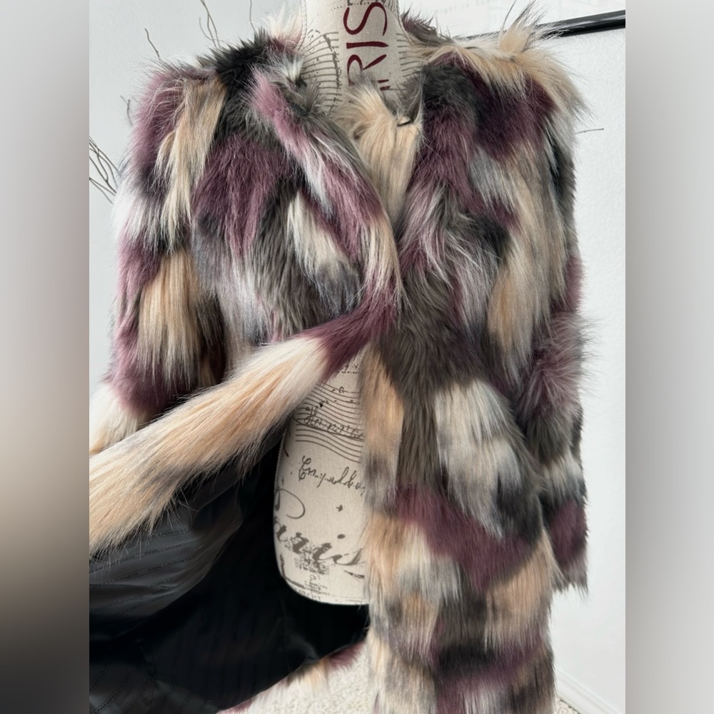 Purple Multicolor Faux Fur Collarless Coat